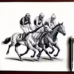 a drawing of three horses and a jockey,three horses race in the same direction as a jockey is racing