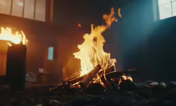 the fire in a fireplace is blazing at night