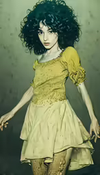 a woman dressed in a yellow dress and stockings
