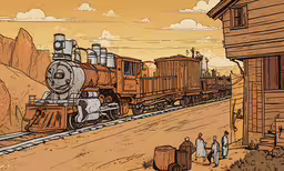 a cartoon picture of a train on tracks next to a building,an art depicting a train in the desert