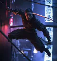 a guy on a stage with his sword raised to the sky