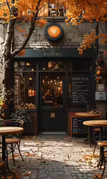 a cafe is pictured with fall foliage on the ground