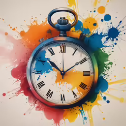 an abstract photo with a clock and paint splatters