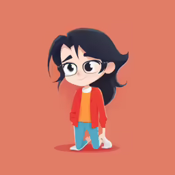 a character with glasses in front of a pink background