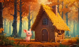 a cute little pig with a toy mouse stands in front of a cute wooden hut with thatched roof,a pink pig is standing in front of a small hut