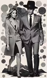 a woman is walking next to a man in a suit