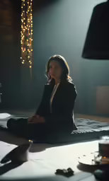 a woman sitting on the floor in front of a lamp