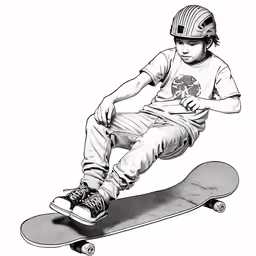 a sketch of a young boy riding a skateboard
