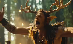 a male character dressed in an old fashioned costume with a massive antlers headdress
