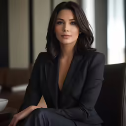 an attractive woman is sitting in a chair