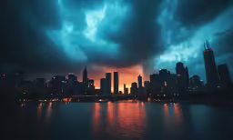 the skyline in chicago at night with a sky darkened