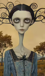 a painting with an artistic theme with a creepy woman wearing a blue dress