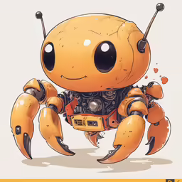 an orange robot with huge black eyes and a propeller