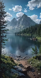 a lake surrounded by lots of trees and mountains