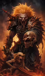 an orange haired evil knight standing next to a demon