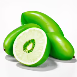 green fruits are sitting together with a slice in front