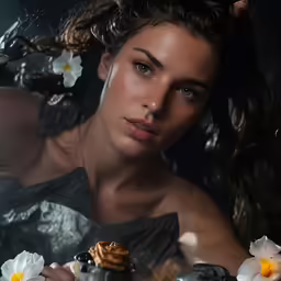 woman in a photo with a flower in her hair and some nuts