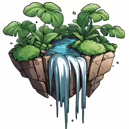 an island with a waterfall flowing down it