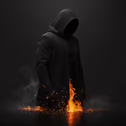 man in hoodie sitting on fire, while looking off into distance