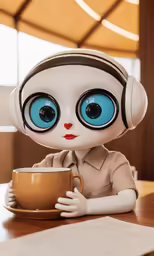 a robot holding a cup of coffee wearing headphones