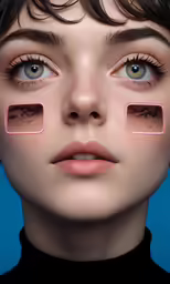 a woman with blue eyes has three fake pink squares over her eyes