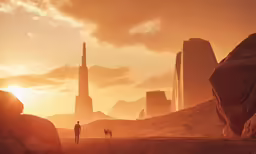 two people walking on the dirt in front of some rock formations