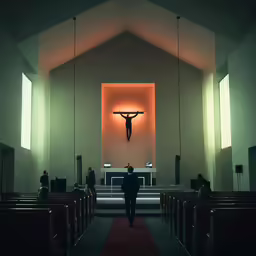 an image of person standing in front of a crucifix