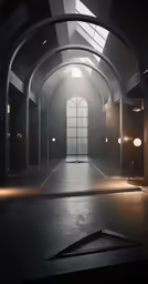 an empty room with several light bulbs and a clock
