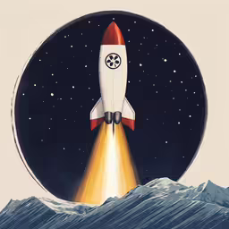 a space ship launching into the sky with mountains in the background