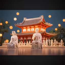 a group of statues sit in front of a pagoda