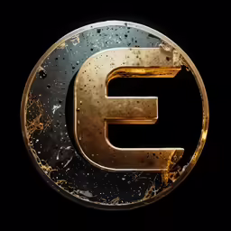 a golden letter e with water droplets