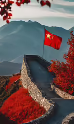 a long path with a flag and trees in the background