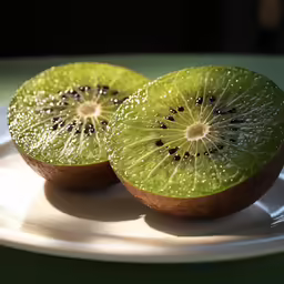 two sliced kiwi fruit on a plate ready to be eaten