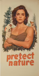 a poster with the phrase protect nature with an image of a woman with two dogs