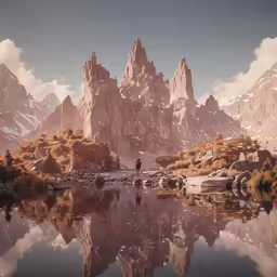 mountain scene with water and reflection in a lake