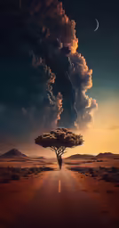 a surreal landscape is shown with the silhouette of a lone tree