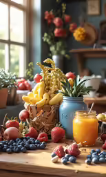 colorful fruits and vegetables on a table with the words fresh fruits and berries in a blue jar