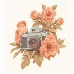 a camera surrounded by pink flowers and leaves
