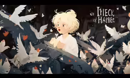 a girl surrounded by birds flying with her hand on the back of a wooden bench