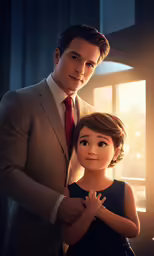 man and woman in formal clothing standing by window with sunlight streaming through