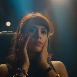 a young woman holding her head to her hand