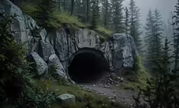 a large cave with rocks in it is surrounded by forest