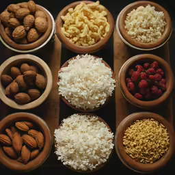 nuts, almonds, raspberries, bananas, and rice in bowls