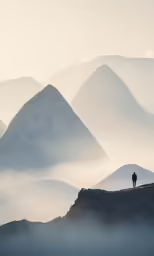 a man standing on the edge of a mountain with fog