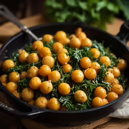 cooked chickballs are in a black pan on a wooden table