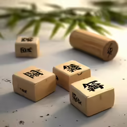 a set of six wooden dices with writing