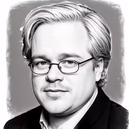 a male in a black blazer and glasses is shown