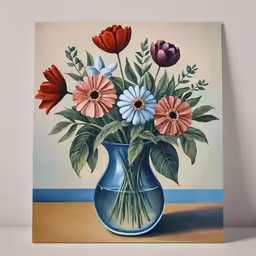 a painting of flowers in a vase on a table