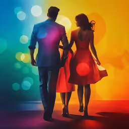 two people are standing in front of the multi - colored background