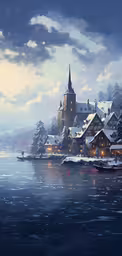 a boat is parked in front of a snowy village,a painting of some sort of a snowy christmas town